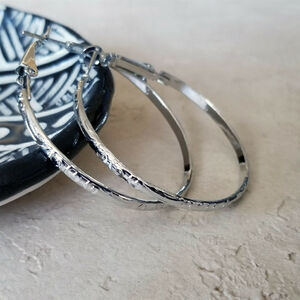 Sleek Art Nouveau Swirl Silver Tone Round Hoop Earrings 40mm 1.6" Long Leverback